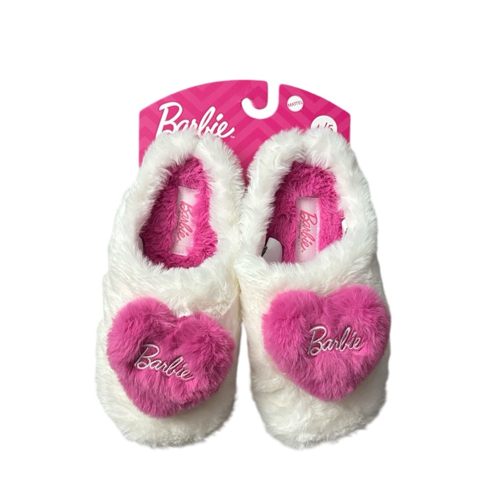Mattel Barbie White Plush Slippers with Pink Heart Accent
